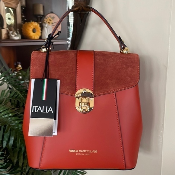 Brand New Viola Castellani Genuine Leather Papaya Orange Backpack Crossbody main image 5